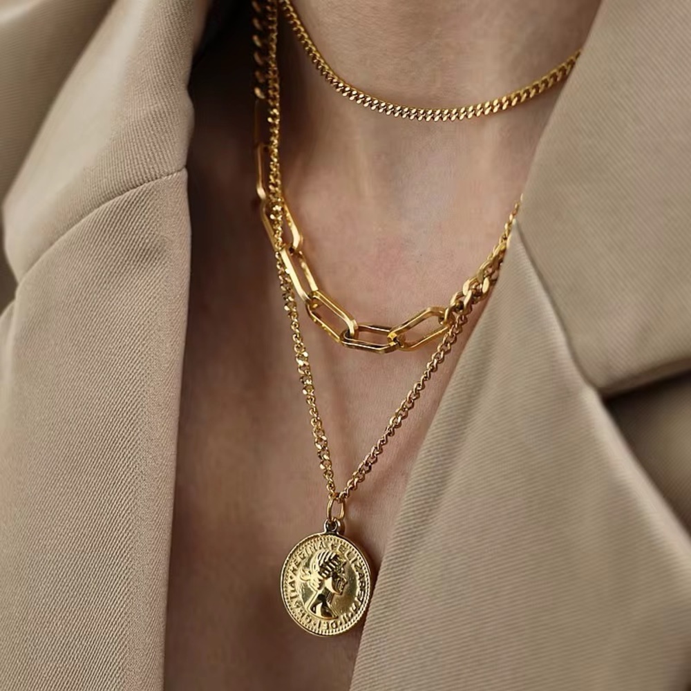 18K Gold Plated Layered Coin Pendant Necklace
